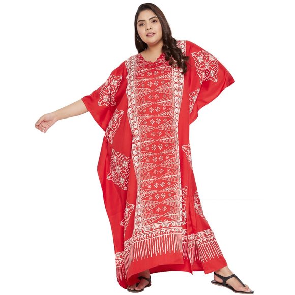 Women Plus Size Fit and Flare Floral Red Kaftan Maxi Dress by Gypsie Blu - Picture 8 of 8